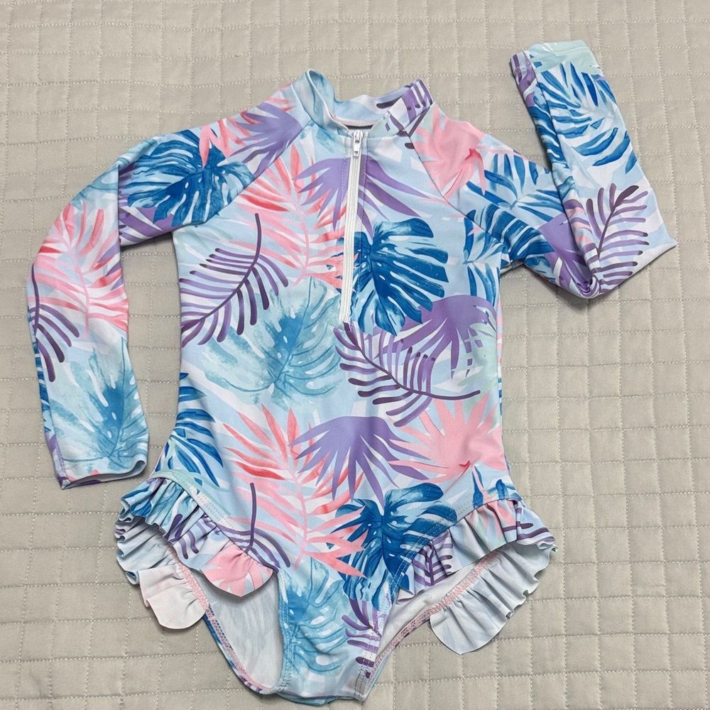 Kids Long-Sleeve One-Piece Swimsuit in Pastel Tropical Print